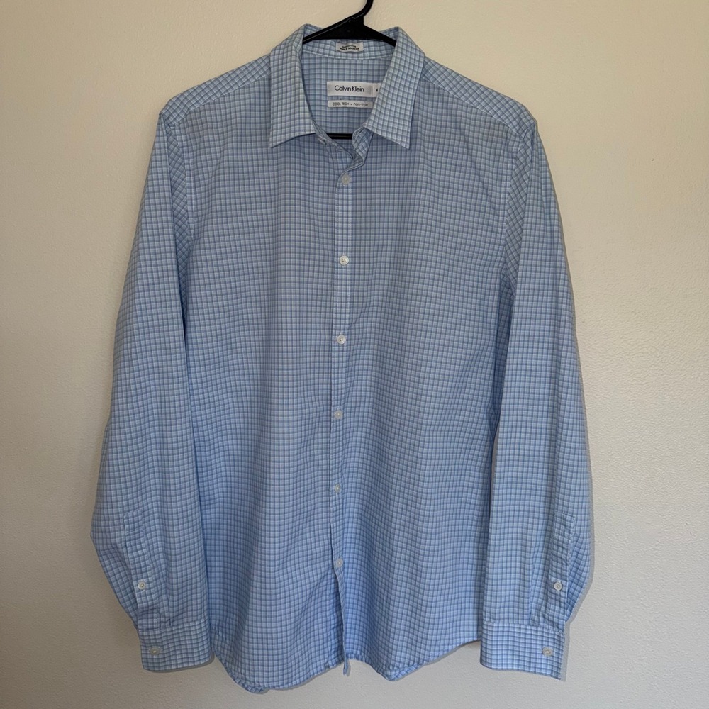 Calvin Klein Mens Cool Tech Non-Iron Plaid Button Down Shirt Blue White Size M